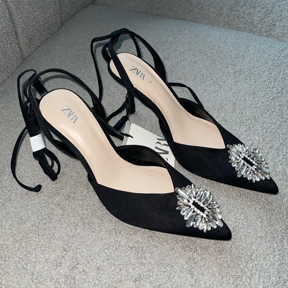 Zara Black Satin Pointed Slingback Heels with Crystal Brooch - Picture 8 of 16